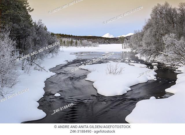 Stream flowing in forest, during winter and Polar night, Norway