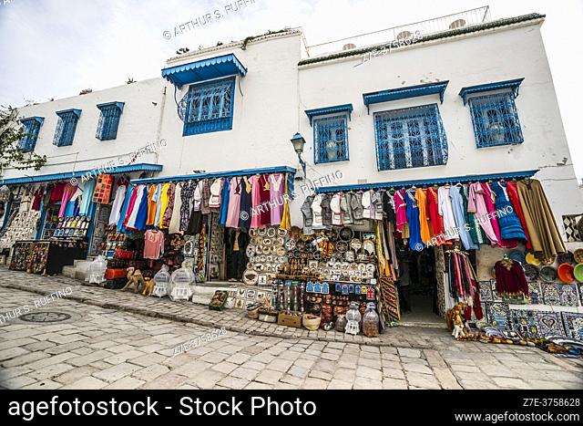 Hillside shops along the cobbled streets of Sidi Bou Said. Tunisia, Africa