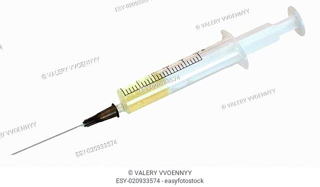 5 ml syringe filled with yellow infusion isolated
