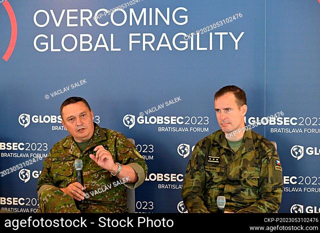 Slovak Chief of the General Staff Daniel Zmeko, left, and Czech Chief of the General Staff Karel Rehka, right, attend the Globsec 2023 Bratislava Forum