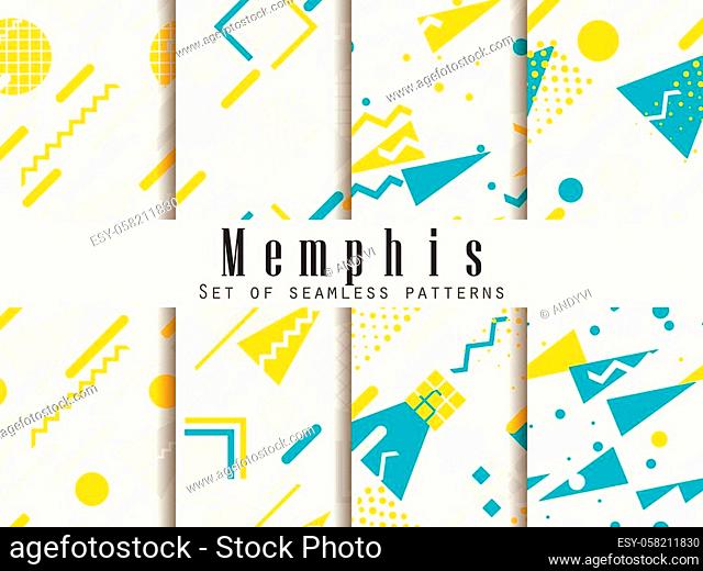 Memphis seamless pattern. Geometric elements memphis in the style of 80's. Gray, yellow and blue color. Vector illustration