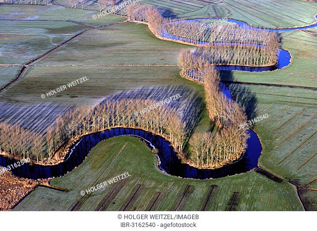 Schwinge River meandering through the Feldmark region, lined with poplar trees