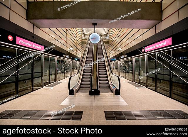 Copenhagen, Denmark - October 13, 2019: Interior view of the new metro station Vibenshus Runddel on the City Circle Line