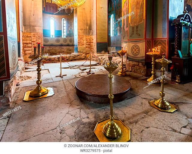 Interior of the Russian orthodox St. George Cathedral in the Yuriev Monastery in the neighborhood Veliky Novgorod, Russia, 1119 year