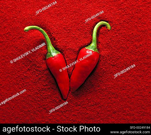 Two red chili peppers on chili powder