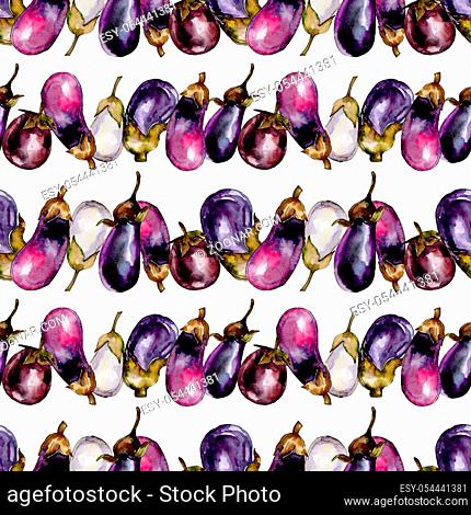 Eggplant healthy food in a watercolor style pattern. Full name of the vegetables: eggplant. Aquarelle wild vegetables for background, texture