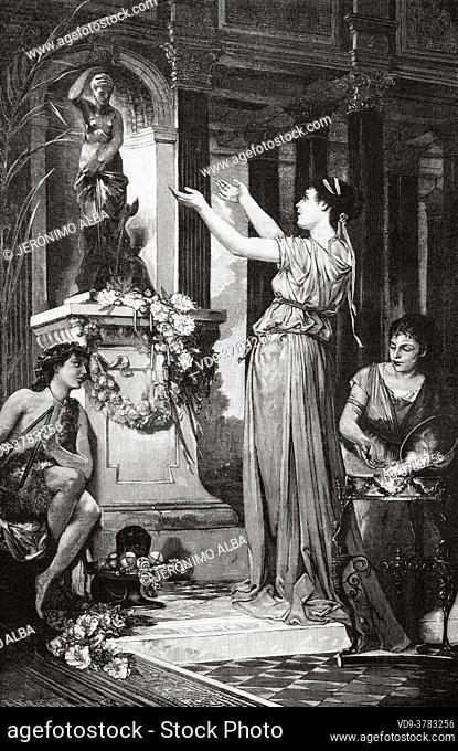 Wedding offering, Ancient roman empire. Italy, Europe. Old 19th century engraved illustration, El Mundo Ilustrado 1881