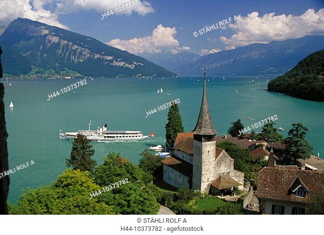 10373782, Bernese Oberland, canton Bern, Blümlisalp, steamboat, houses, homes, church, Switzerland, Europe, Spiez, lake Thun