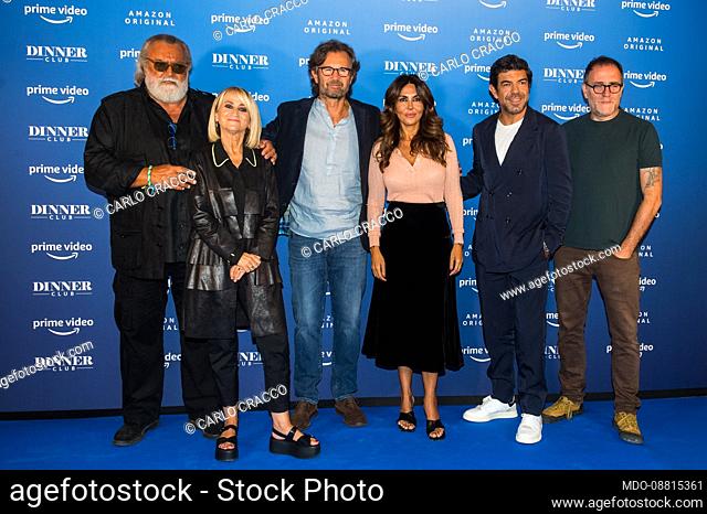 The full cast of the new Prime Video Dinner Club show poses at the presentation of the show at the Carlo sul Naviglio restaurant in Milan
