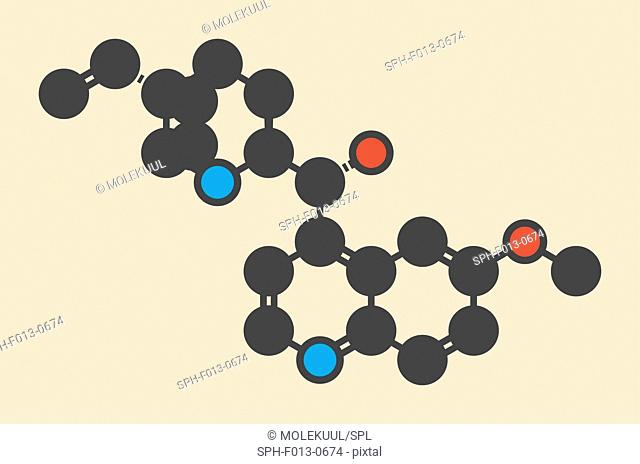 Quinine malaria drug molecule. Isolated from cinchona tree bark. Stylized skeletal formula (chemical structure). Atoms are shown as color-coded circles:...