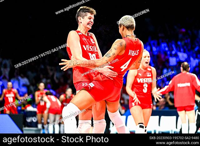Karakurt Ebrar (99) of Turkey and Vargas Melissa Teresa (4) of Turkey pictured during a Volleyball game between the national women teams of Serbia and Turkey...
