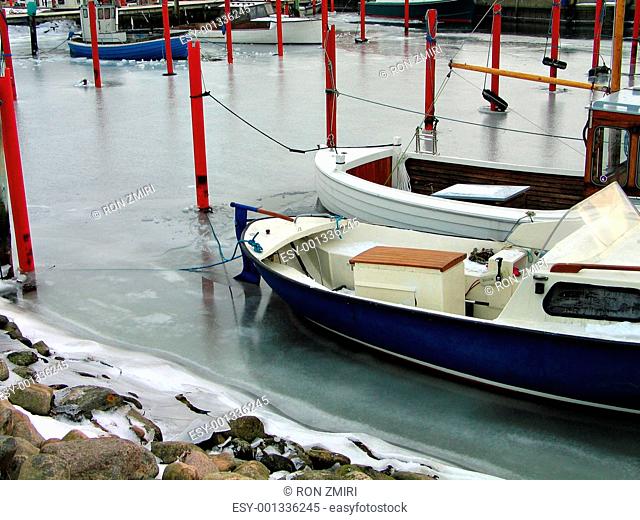 Boats in a marina in the winter