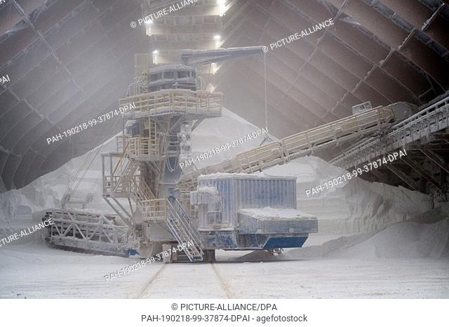 16 January 2019, Saxony-Anhalt, Bernburg: A scraper transports the salt from a silo of the ""European Salt Company"" (Esco) onto a conveyor belt