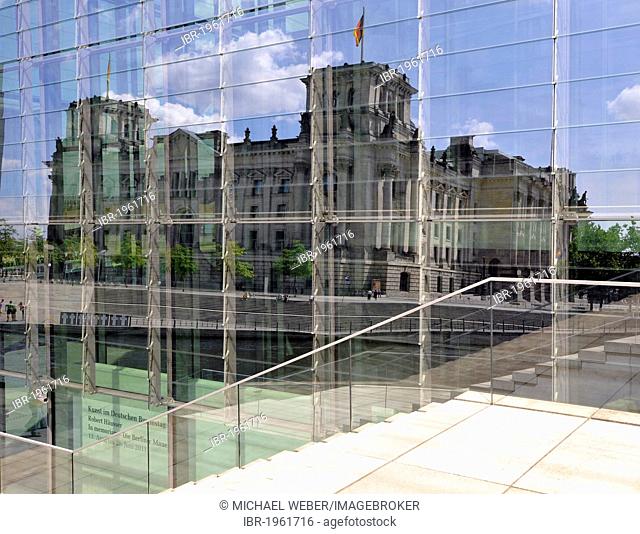 Reichstag Building, German Parliament reflected in the glass facade of the Marie Elisabeth Lueders Building, Reichstagufer, Government District, Berlin, Germany