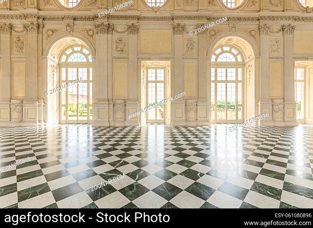 VENARIA REALE, ITALY - CIRCA MAY 2021: corridor with floor made of luxury marbles. Plenty of elegance for this Italian interior in Venaria Reale