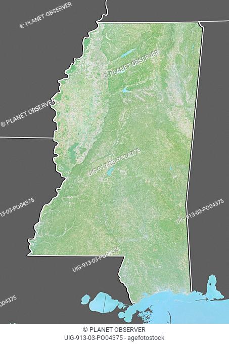 Relief map of the State of Mississippi, United States. This image was compiled from data acquired by LANDSAT 5 & 7 satellites combined with elevation data