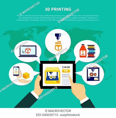 3d printing design concept illustrating human hands holding tablet with information about volumetric printer on screen flat vector illustration