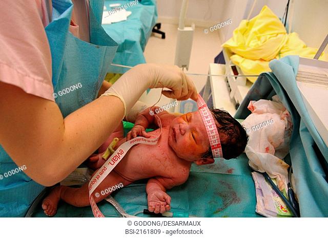 Photo essay from hospital. Maternity. Measurement of the head circumference of the Asian mixed race newborn baby boy