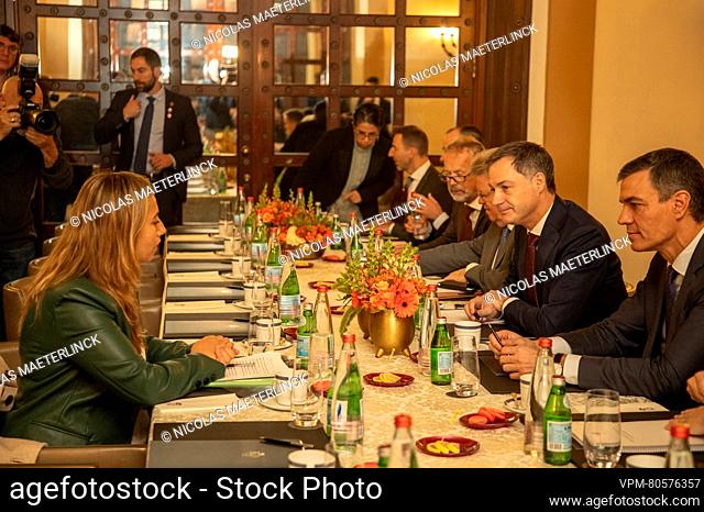 Prime Minister Alexander De Croo and Prime Minister of Spain Pedro Sanchez talk to Expert on international law professor Cochav Elkayam-Levy (L) during a...