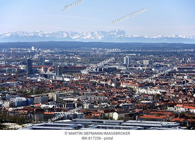View of the Alps, Zugspitze, and Neuhausen from Olympia Park TV tower, Munich, Bavaria, Germany, Europe