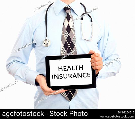 Doctor, isolated on white backgroun, holding digital tablet - Health insurance