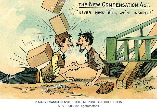The New Compensation Act - Never mind Bill, we're insured! - a pair of labourers are not unduly concerned at the blocks of stone falling on their heads
