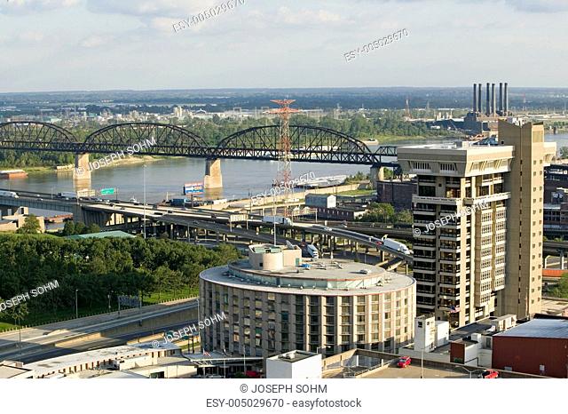 Elevated view of Interstate 55 highway and MacArther Bridge over Mississippi into St. Louis, Missouri