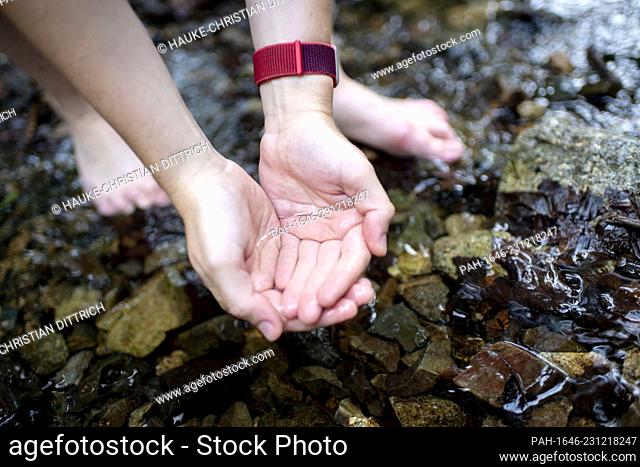 A young woman feels the river bed with her hands at the nationalpark Harz near Bad Harzburg (Germany), 16 August 2020. - Bad Harzburg/Niedersachsen/Deutschland