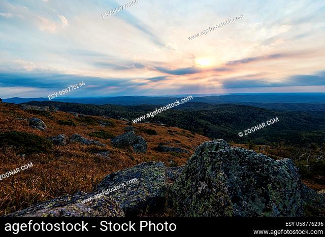 Beauty view on Sinyukha mountain, the highest mountain of Kolyvan ridge, in the Altai Territory of Russia