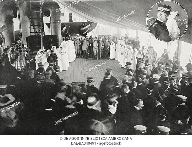 The Red Cross and Order of Malta staff receiving awards on board the Dandolo ship, in the tondo Emanuele Filiberto of Savoia-Aosta and his wife Elena d'Orleans