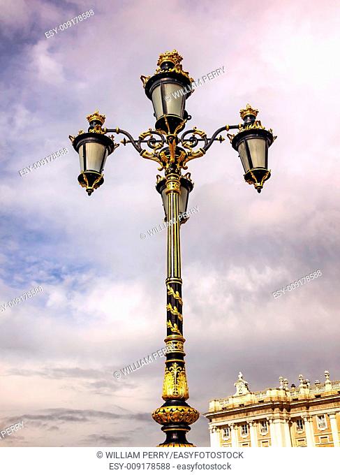 Ornate Lamp Post Royal Palace Palacio Real Cityscape Madrid Spain. Phillip 5 rreconstructed palace in the 1700s