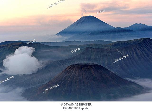 Sunrise over the smoking Gunung Bromo volcano, Bromo-Tengger-Semeru National Park, Java, Indonesia