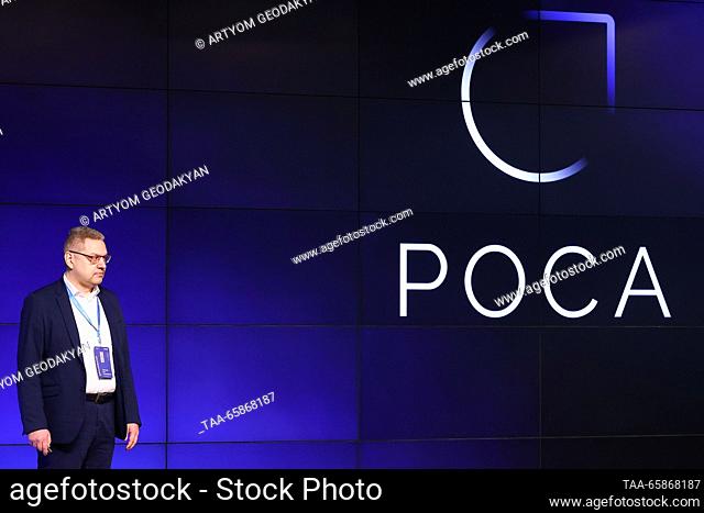 RUSSIA, MOSCOW - DECEMBER 18, 2023: Rosa IT scientific and technical centre CEO Oleg Karpitsky speaks during the official presentation of the Russian smartphone...