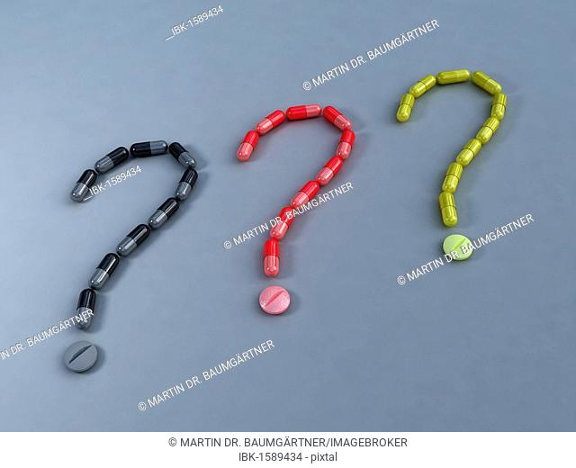 3d graphics, capsules and tablets form three question marks, symbolic image for the uncertain future of the German health insurance system