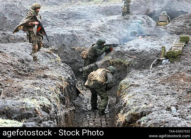 RUSSIA, DONETSK PEOPLE'S REPUBLIC - DECEMBER 11, 2023: Team training takes place for combat units of the 9th Motor Rifle Brigade, 1st Army Corps