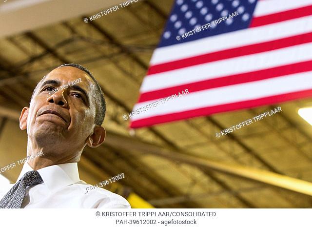 United States President Barack Obama delivers remarks to highlight American manufacturing at Ellicott Dredges, a manufacturer of dredging equipment in Baltimore