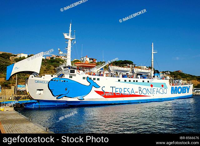Ferry Car ferry for ferry service between Santa Teresa di Gallura in Sardinia and Bonifacio in Corsica at ferry dock in port of Santa Teresa di Gallura with...