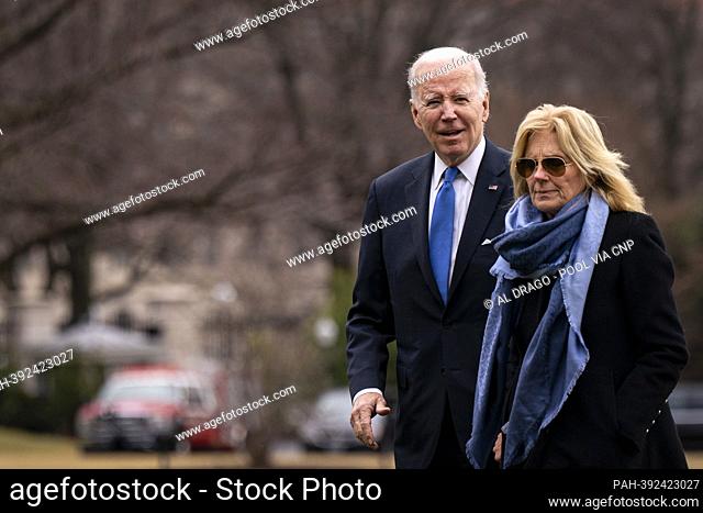 United States President Joe Biden and first lady Dr. Jill Biden walk on the South Lawn of the White House in Washington, DC, US, on Monday, January 23, 2023