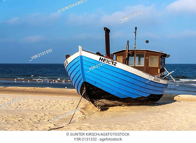 Blue Fishing boat at the Baltic Sea near the pier of the Baltic Sea resort of Heringsdorf, Municipality of Heringsdorf, Usedom Island