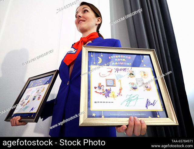 RUSSIA, MOSCOW - DECEMBER 15, 2023: A ceremony to cancel postage stamps marking 60 years since the launch of Good Night, Little Ones!