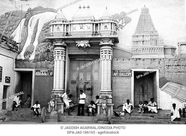Art Gallery entrance people waiting Thanjavur Tamil Nadu India Asia 1979