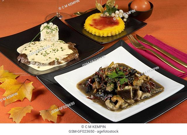 Menu of wild mushroom stew, green pepper entrecôte steak, and tocino del cielo sweet made with egg yolks and syrup