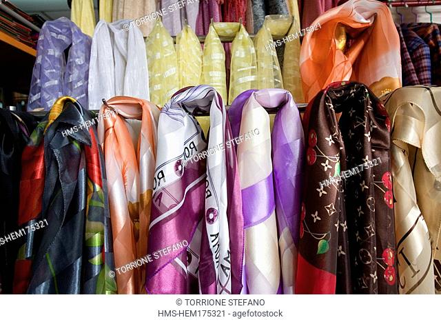 Thailand, Northeastern Thailand, Isan region, Chaiyaphum province, Ban Khwao, specialised centre in silk manufacture, cotton and silk fabrics in the shop Puuana...