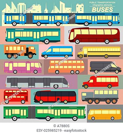 Public transportation, buses. Set elements infographics. Vector illustration