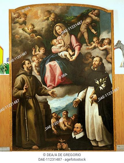Our Lady of Graces with Saints Francis of Assisi, Dominic de Guzman and the person who commissioned the work, oil on canvas by Fabrizio Santafede (about...