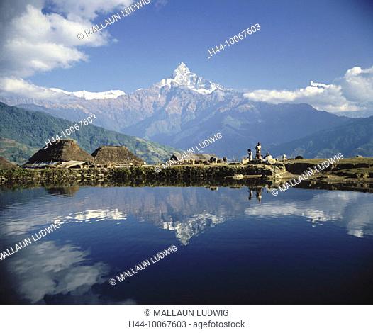 10067603, 6999 ms, Annapurna, Himalayas, people, Machapuchare, Nepal, Asia, panorama, lake, sea, settlement