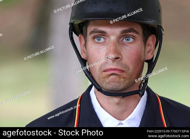 15 September 2022, Italy, Rocca Di Papa: Equestrian sport: World Championship, Eventing, Dressage. Dressage rider Christoph Wahler (Germany) looks disappointed...