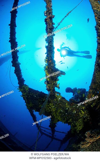 Scuba Diver at Lina Wreck, Cres Island, Mediterranean Sea, Croatia