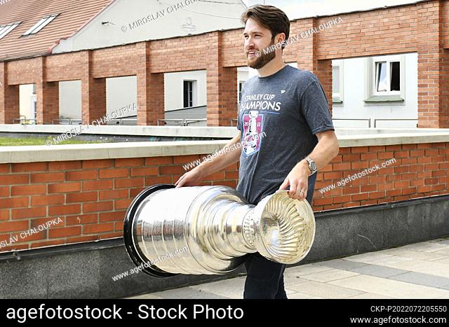 Pavel Francouz, Czech ice hockey goalie of NHL team Colorado Avalanche, shows Stanley Cup during meeting with fans in his native Pilsen, Czech Republic