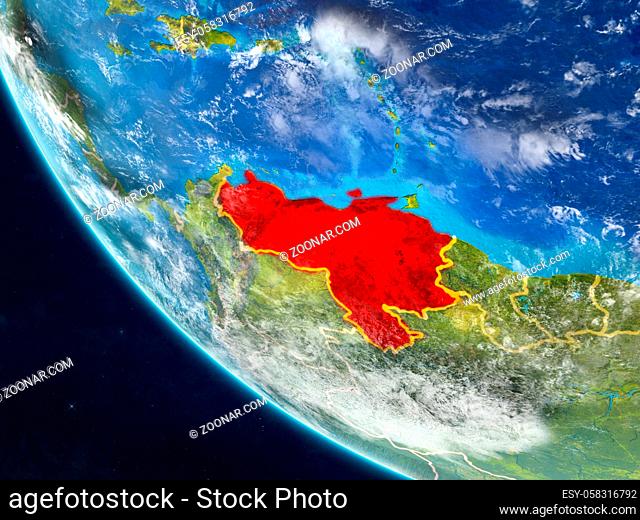 Venezuela on planet Earth from space with country borders. Very fine detail of planet surface and clouds. 3D illustration